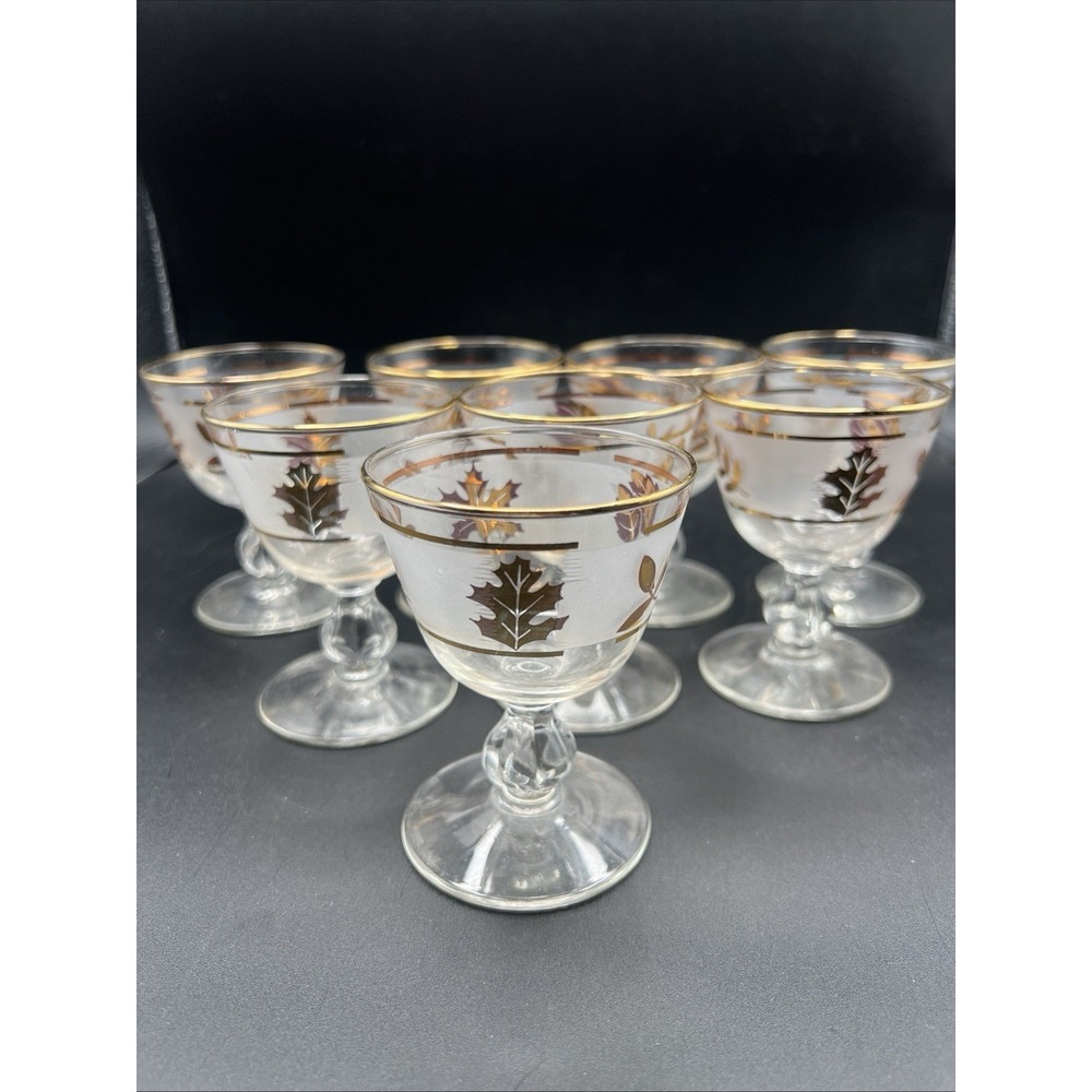 18 Vintage Libbey GOLDEN FOLIAGE Leaves Glass Cordial MCM Mid Century Modern